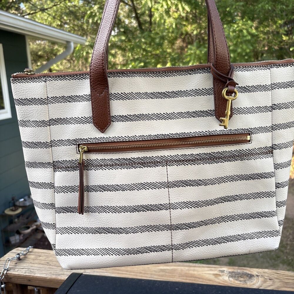 Fossil Striped Shopper Tote Shoulder Bag with Brown Leather Handles Zip Closure